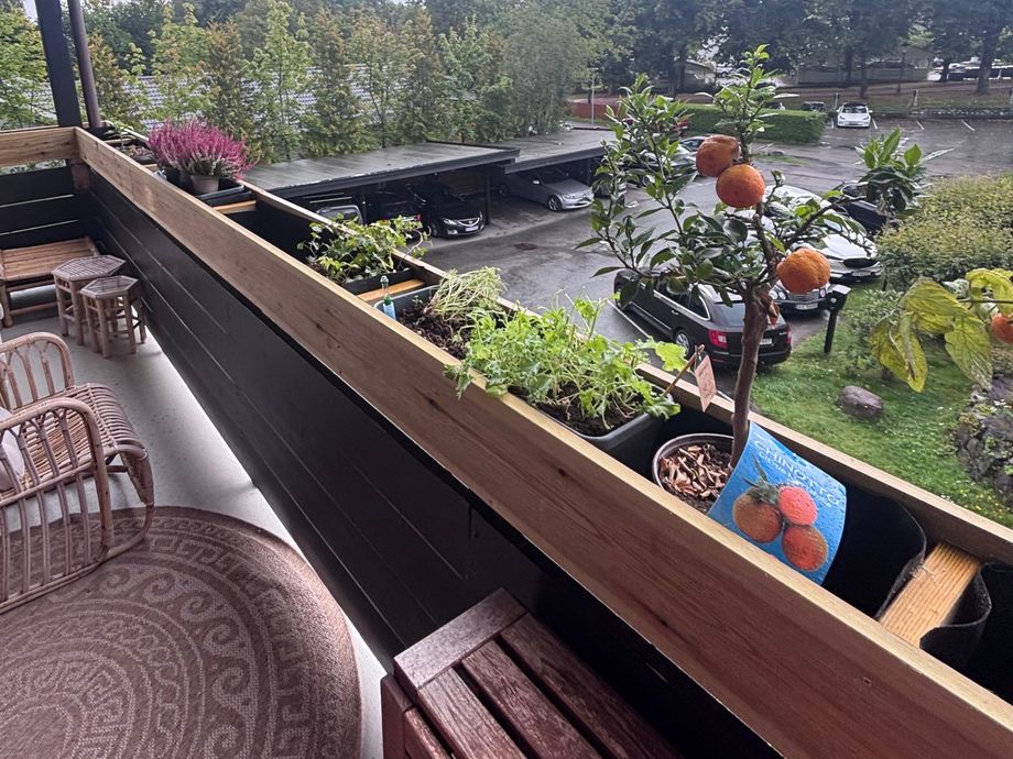 Blomsterkasse i tre montert langs balkongrekkverket